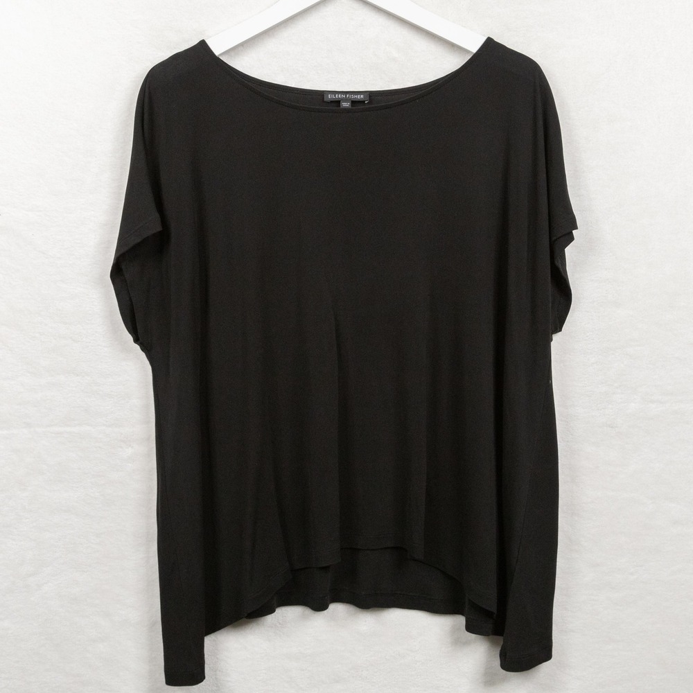EILEEN FISHER Silk Jersey Ballet Neck Top Minimalist Boxy Black Sz M